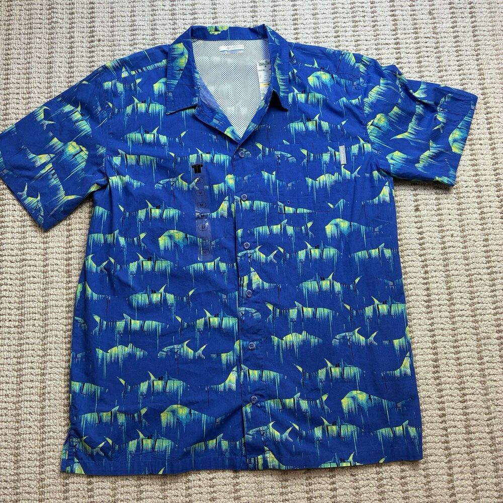 NWT Columbia PFG Fishing Shirt Blue Shark Print Vented Performance Mens Medium